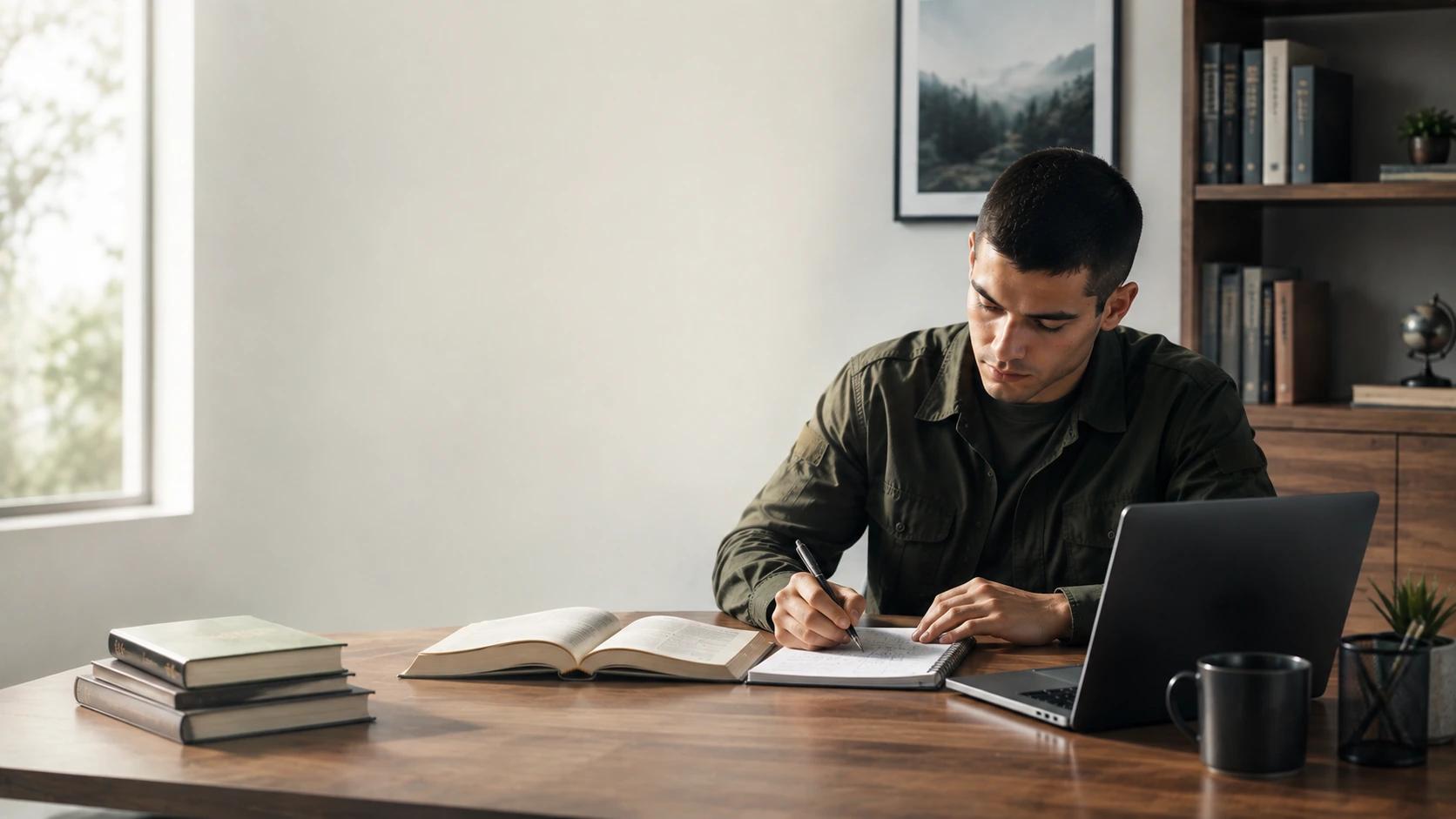 Jovem militar estudando com livro aberto, caderno e notebook
